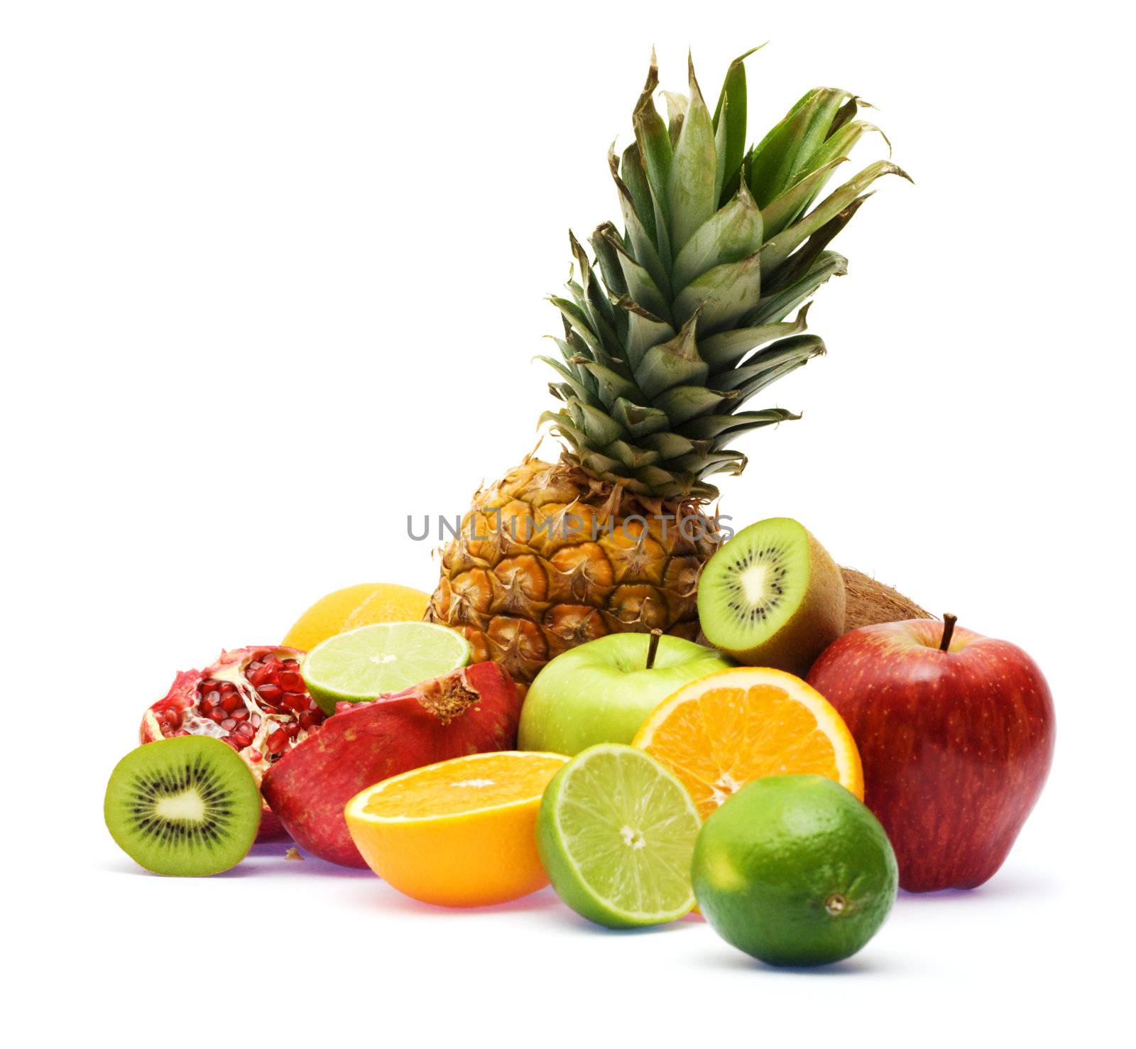 Group of fresh fruits over white background by Gdolgikh