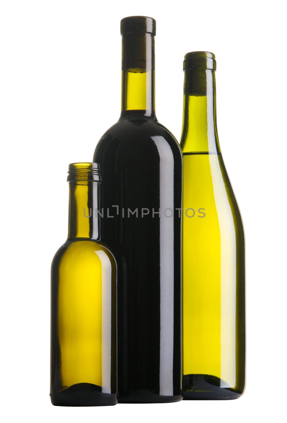 Three wine bottles isolated on white background