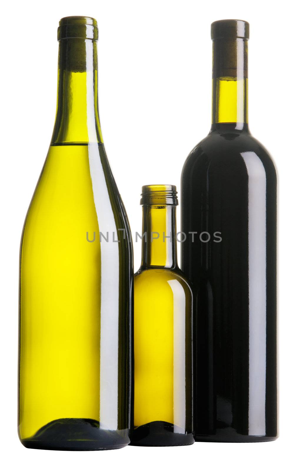 Three wine bottles isolated on white background