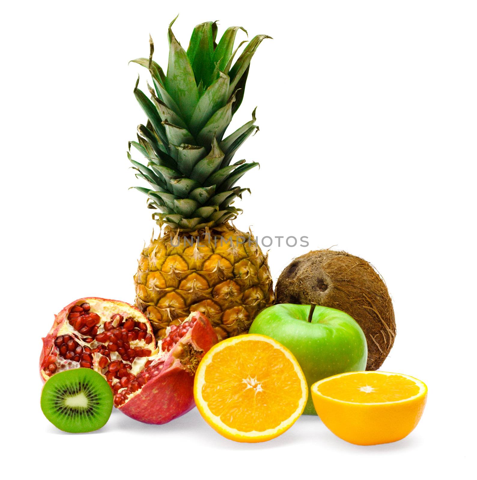 Group of fresh fruits isolated on white background