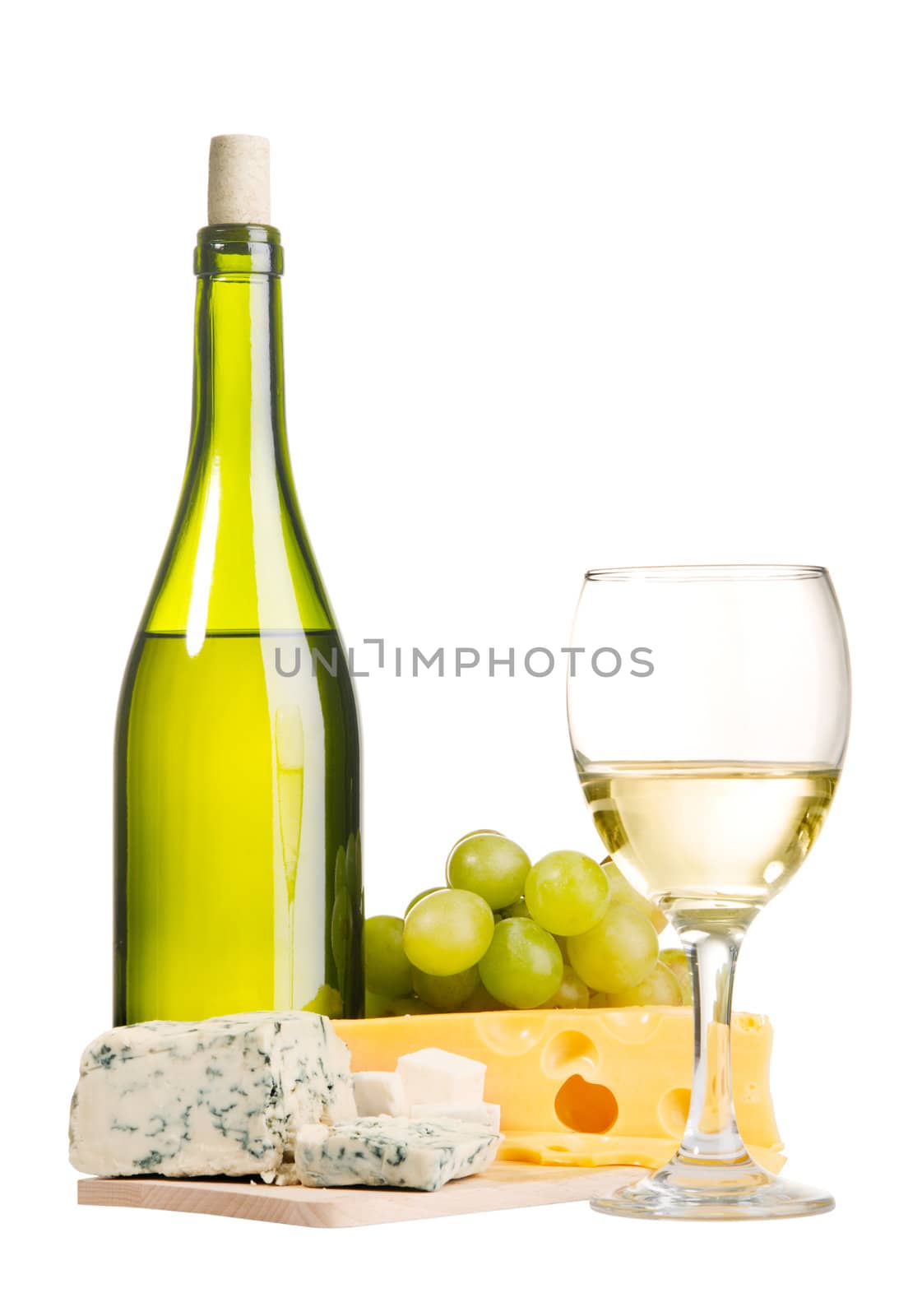 Cheese and white wine, isolated on white background