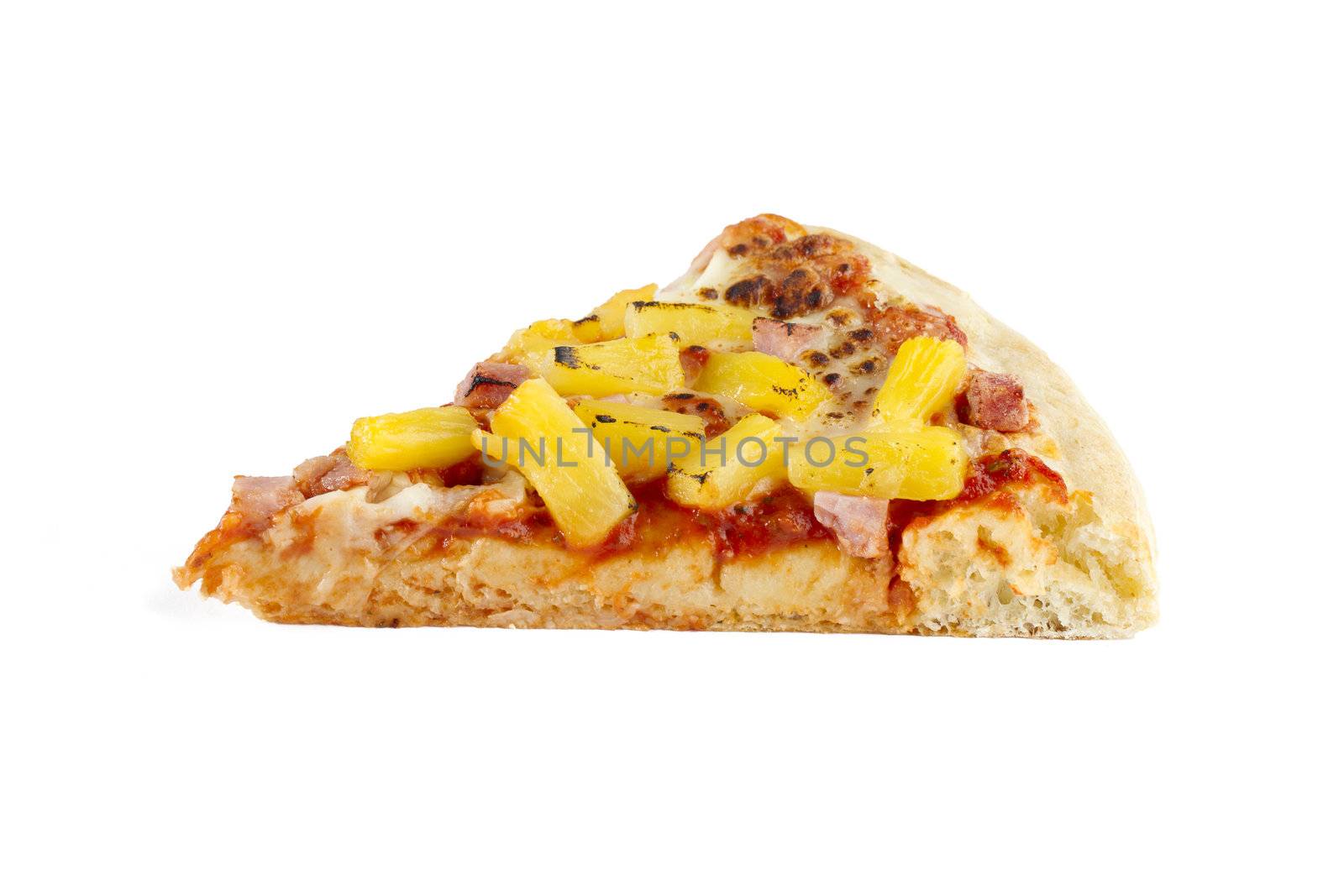 Ham and Pineapple Pizza slice in a close-up image