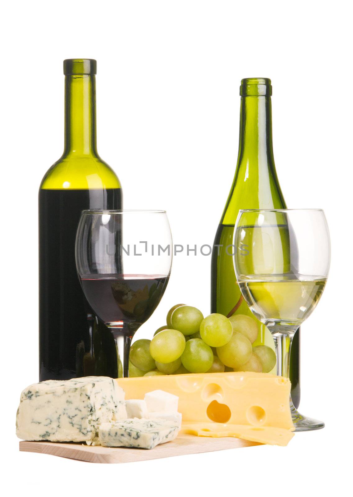 Cheese, white and red wine, isolated on white background