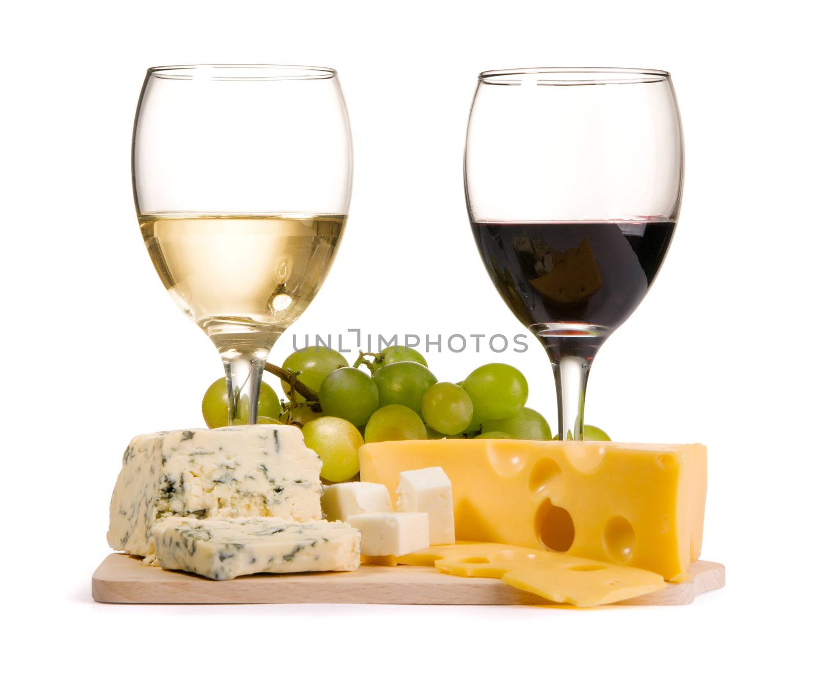 Cheese, white and red wine, isolated on white background