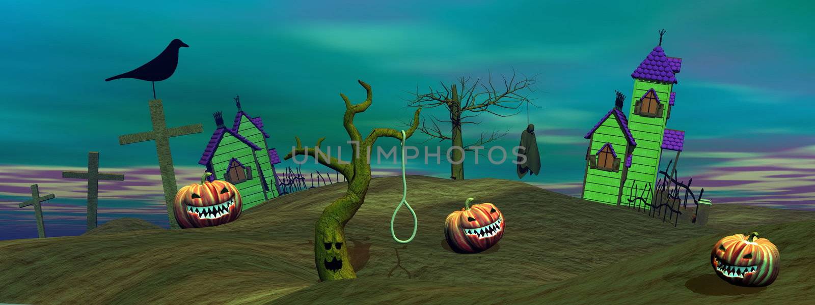 Halloween pumpkins and houses, trees, crosses, crow and dead man by green sunset
