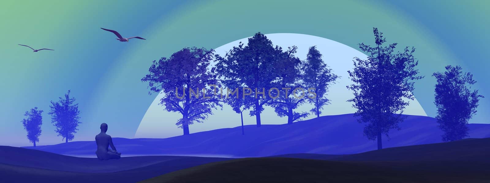 Human meditationg in blue background nature by sunset