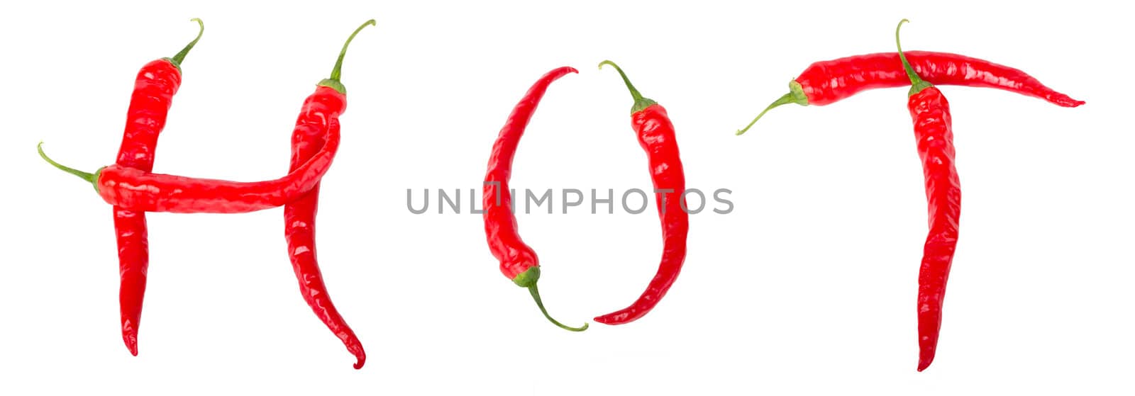 Word "hot" of chili peppers isolated on white background