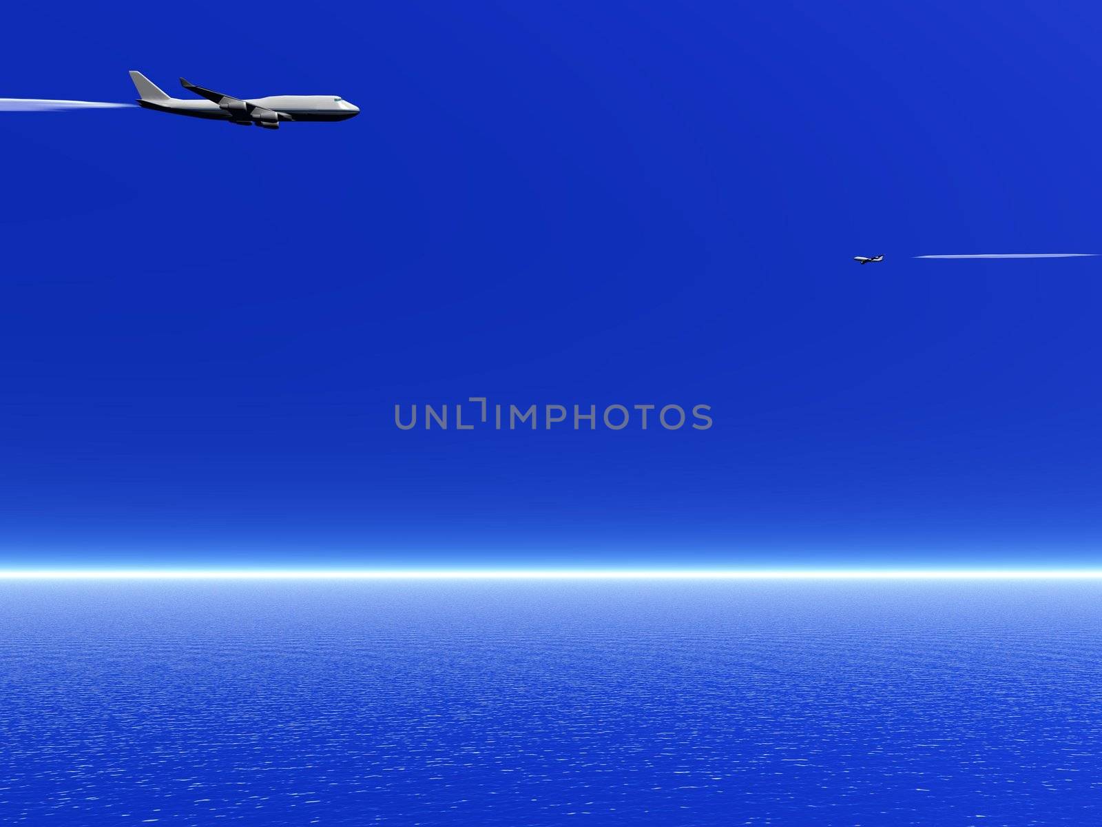 Two airplanes flying in the deep blue sky upon the ocean