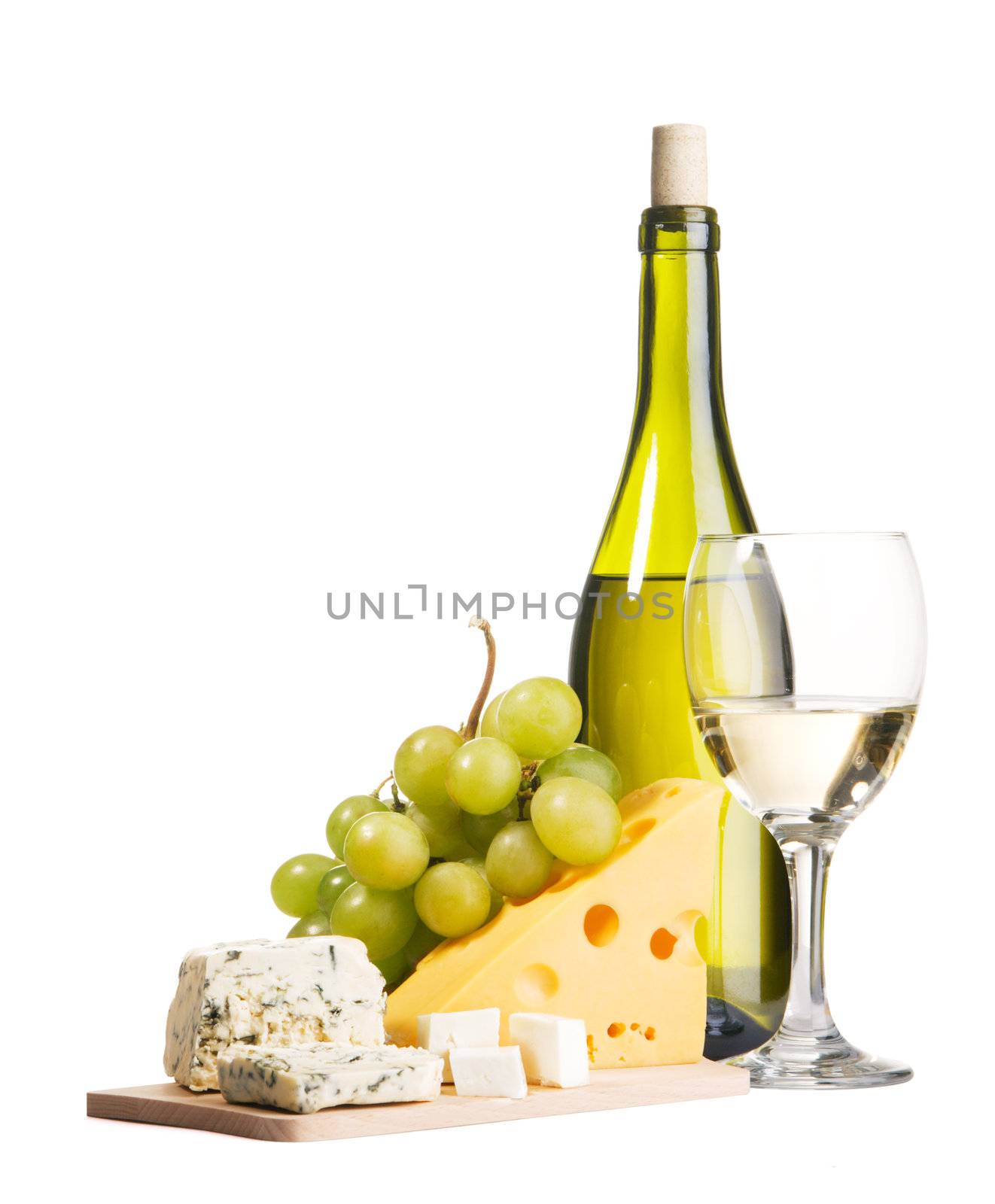 Cheese, grapes and white wine, isolated on white background