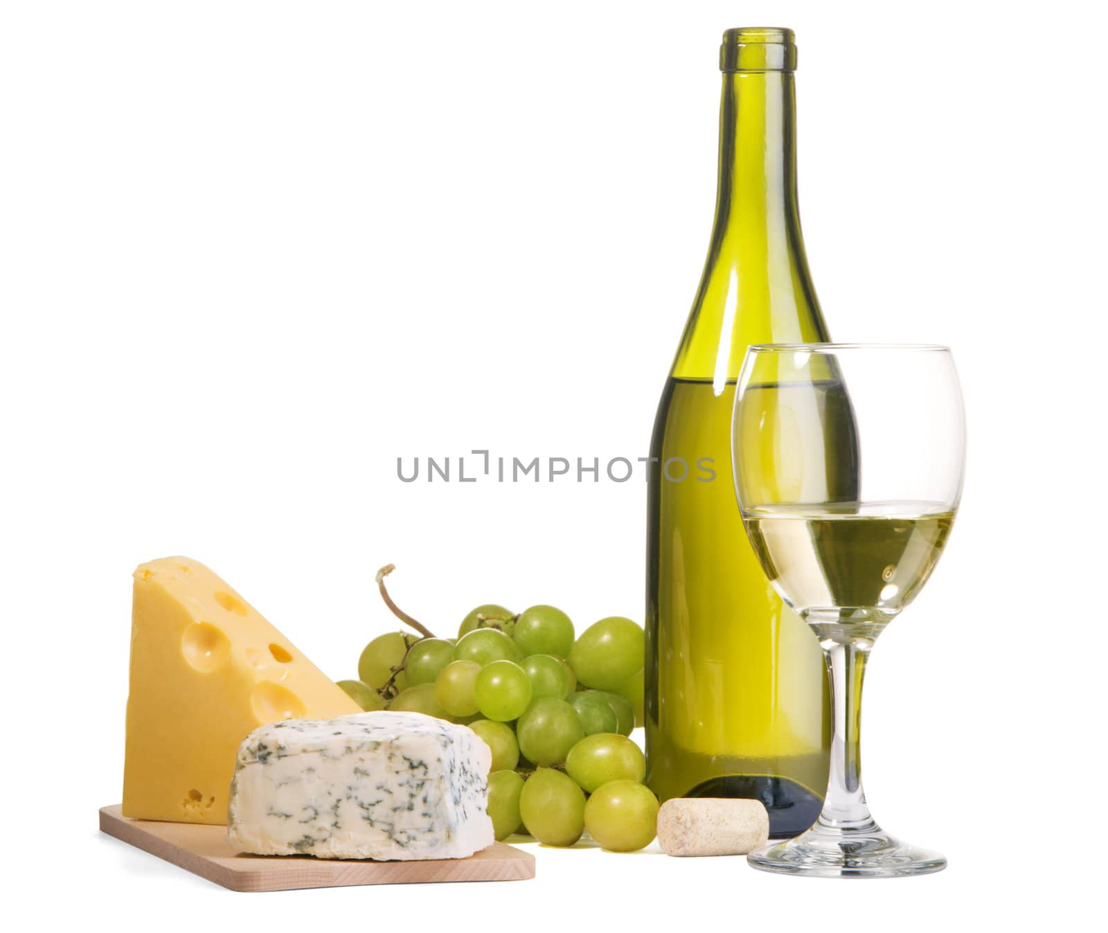 White wine and different sorts of cheese still-life