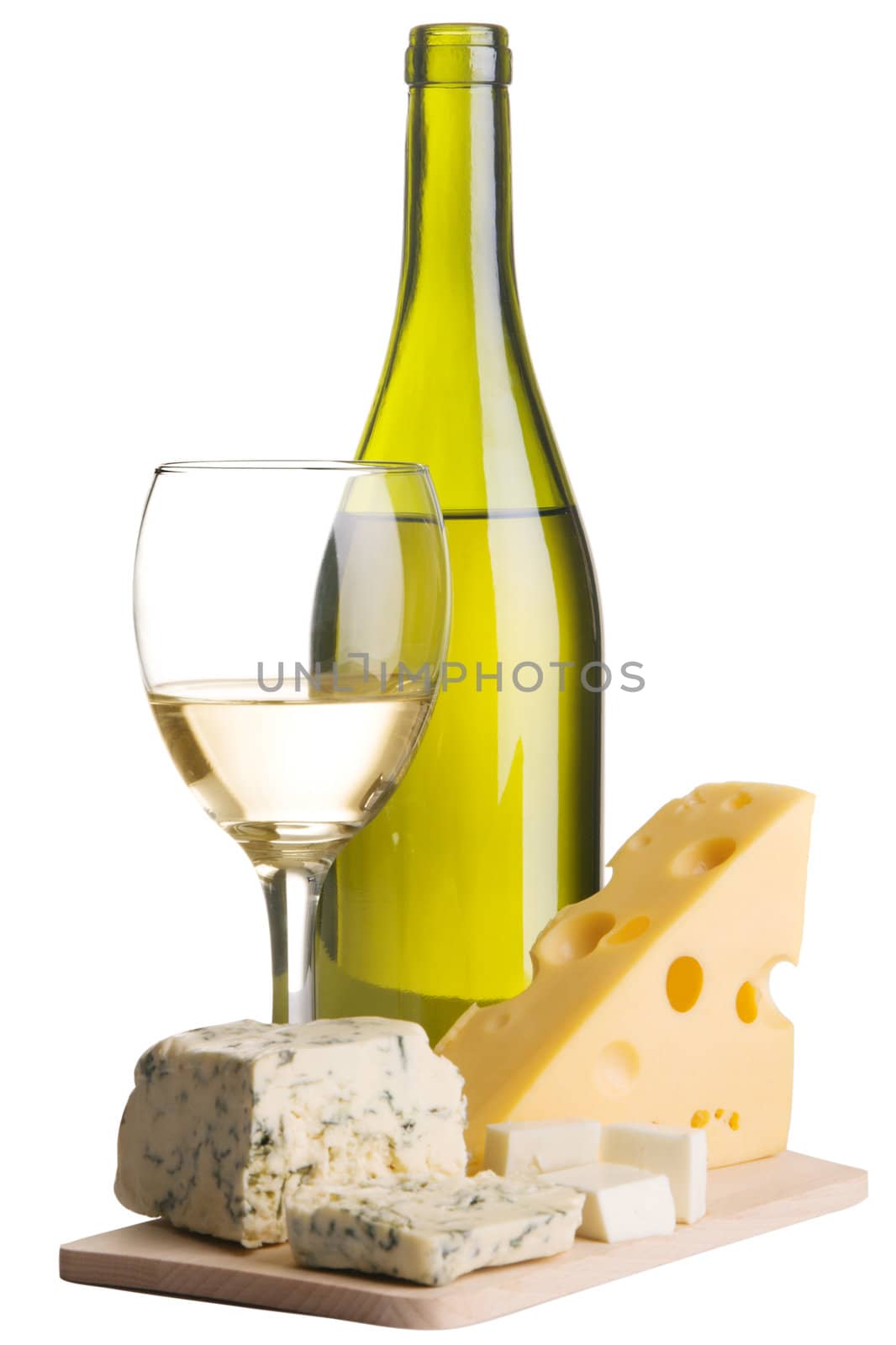 White wine and different sorts of cheese still-life