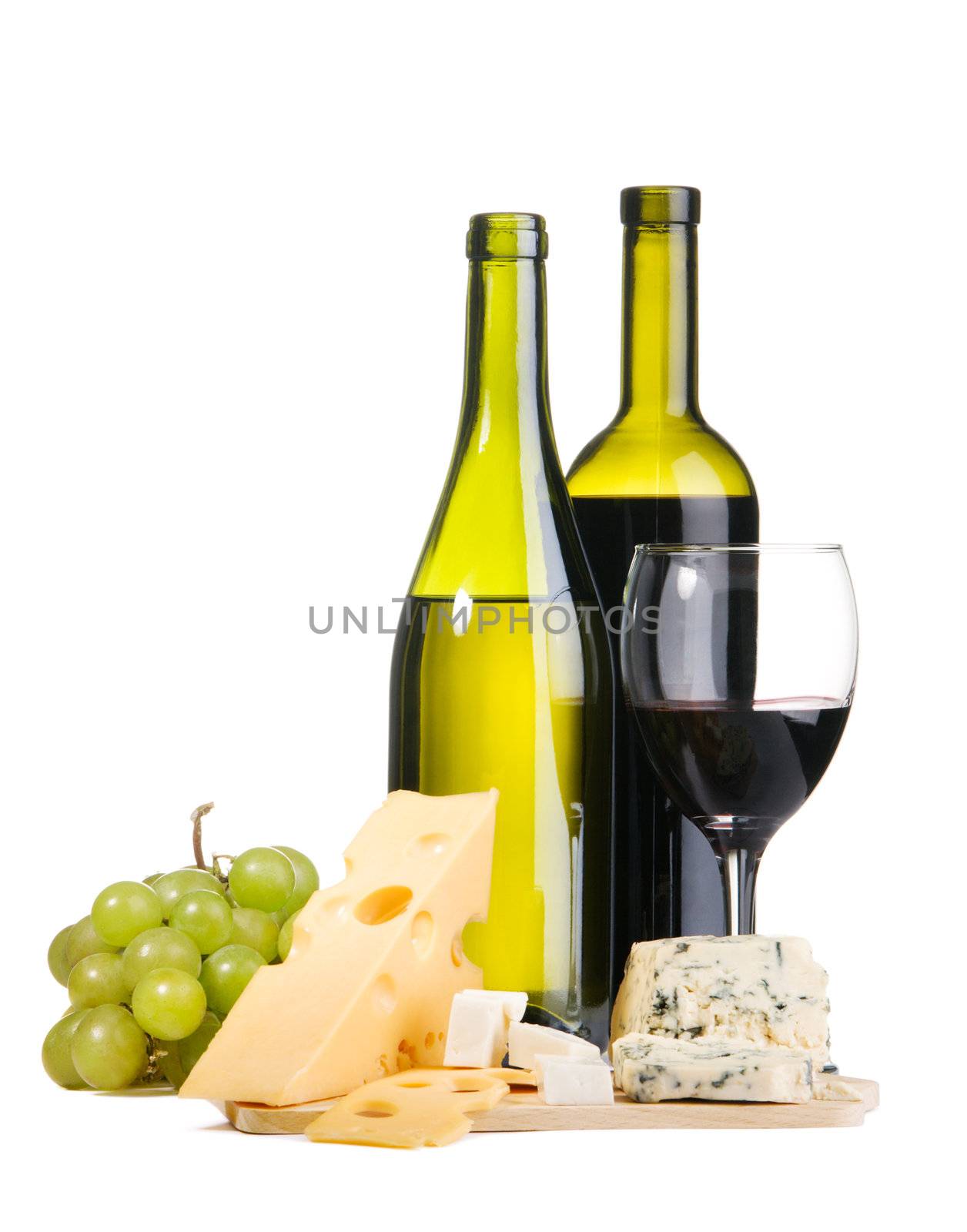 Cheese, white and red wine, isolated on white background