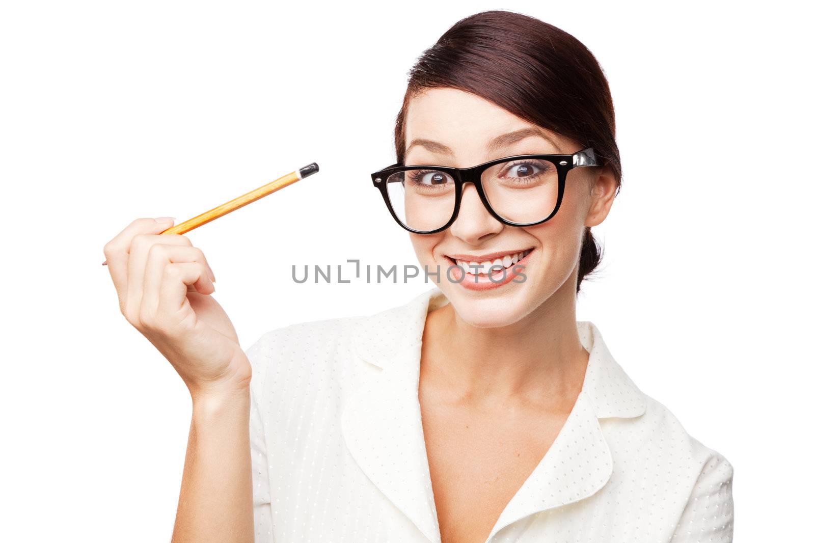 Strict woman in large glasses, isolated on white background