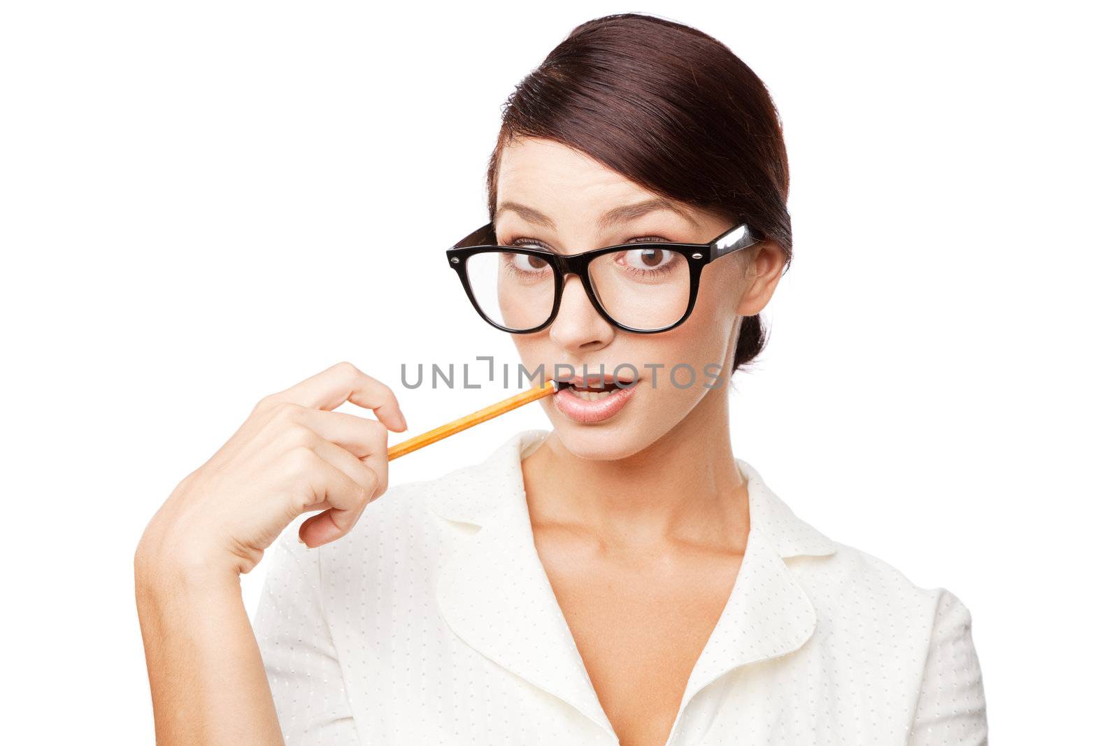 Strict woman in large glasses, isolated on white background