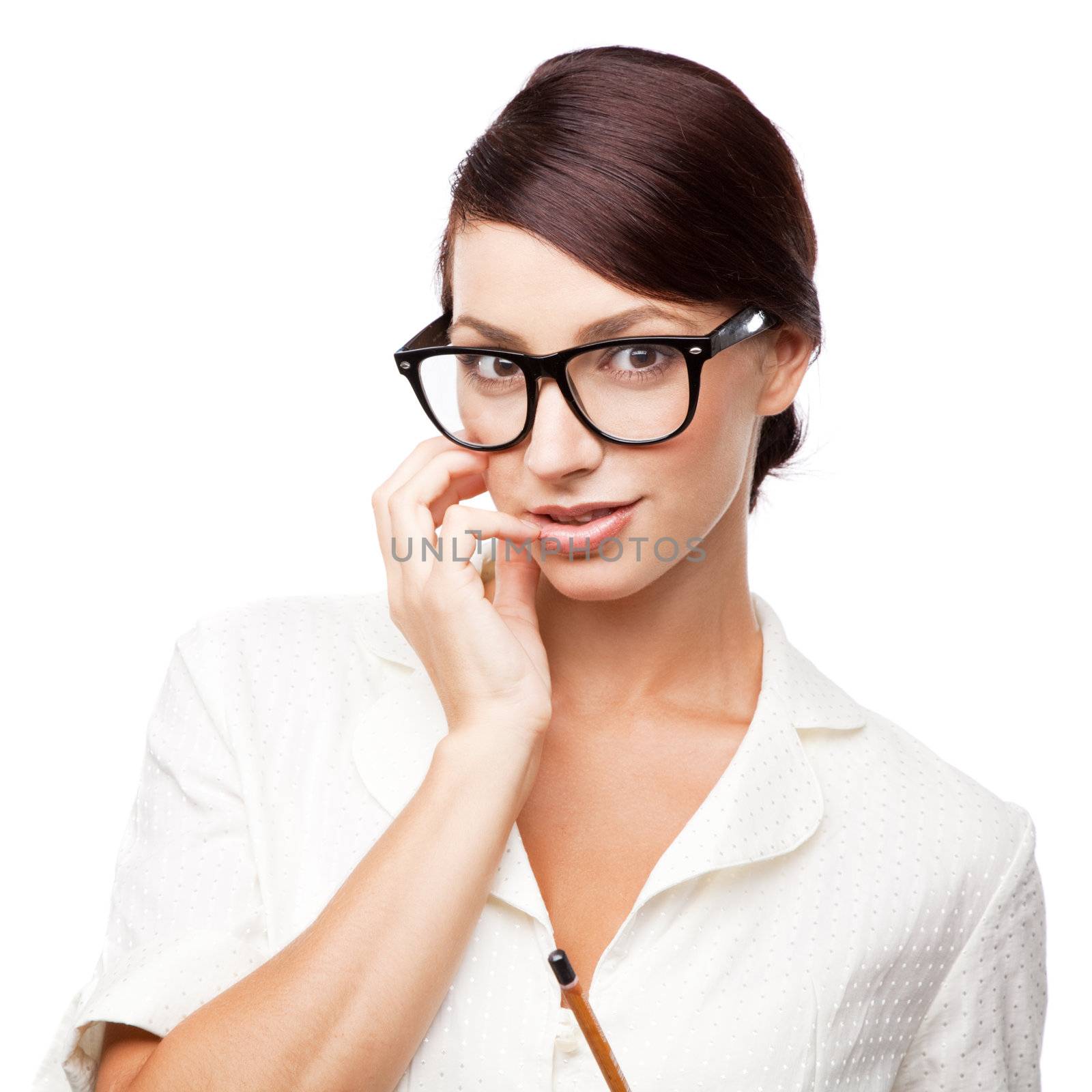 Strict woman in large glasses, isolated on white background