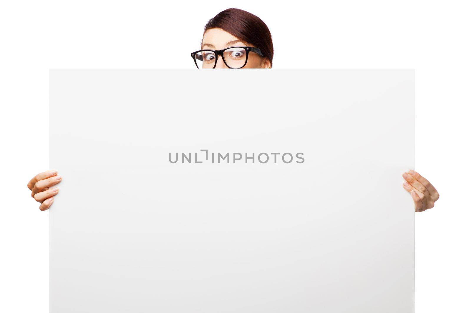 Strict woman in large glasses, isolated on white background