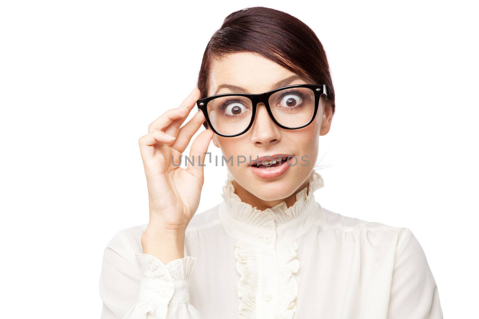 Strict woman in large glasses, isolated on white background