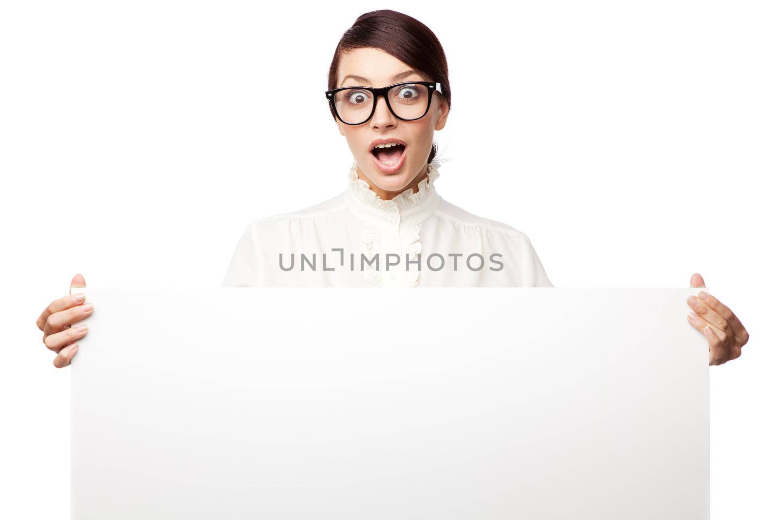 Strict woman in large glasses, isolated on white background