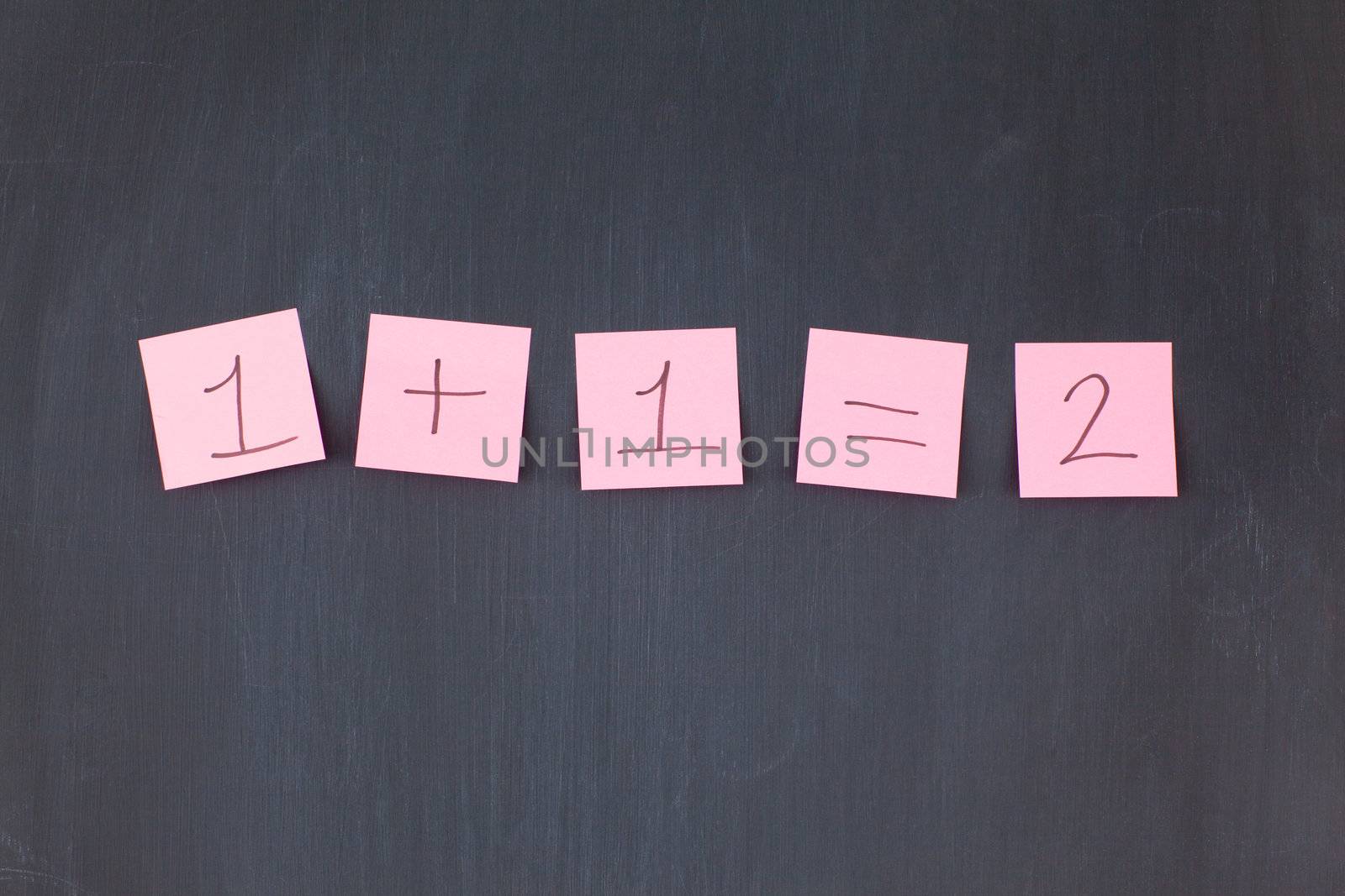 Pink sticky notes in a row on a blackboard