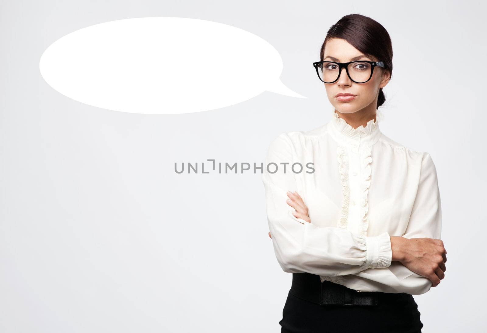 Strict woman in large glasses, isolated on white background