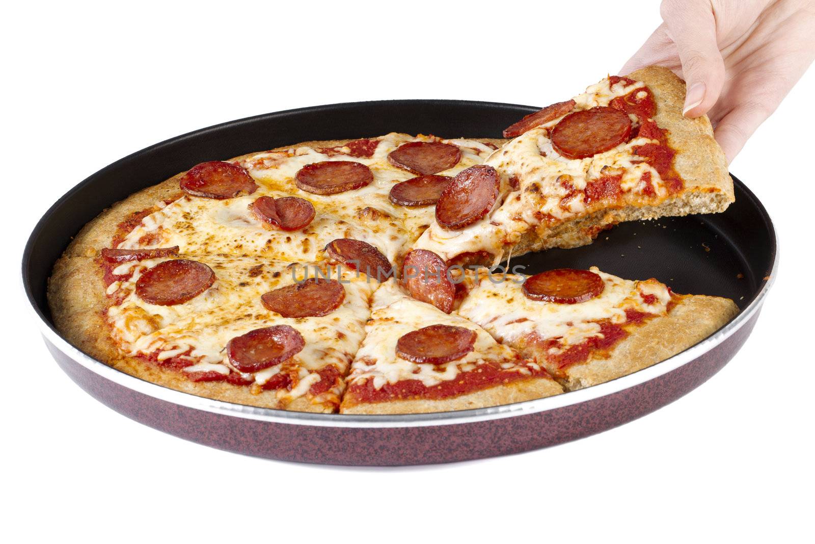 Pepperoni pizza on a tray against white background