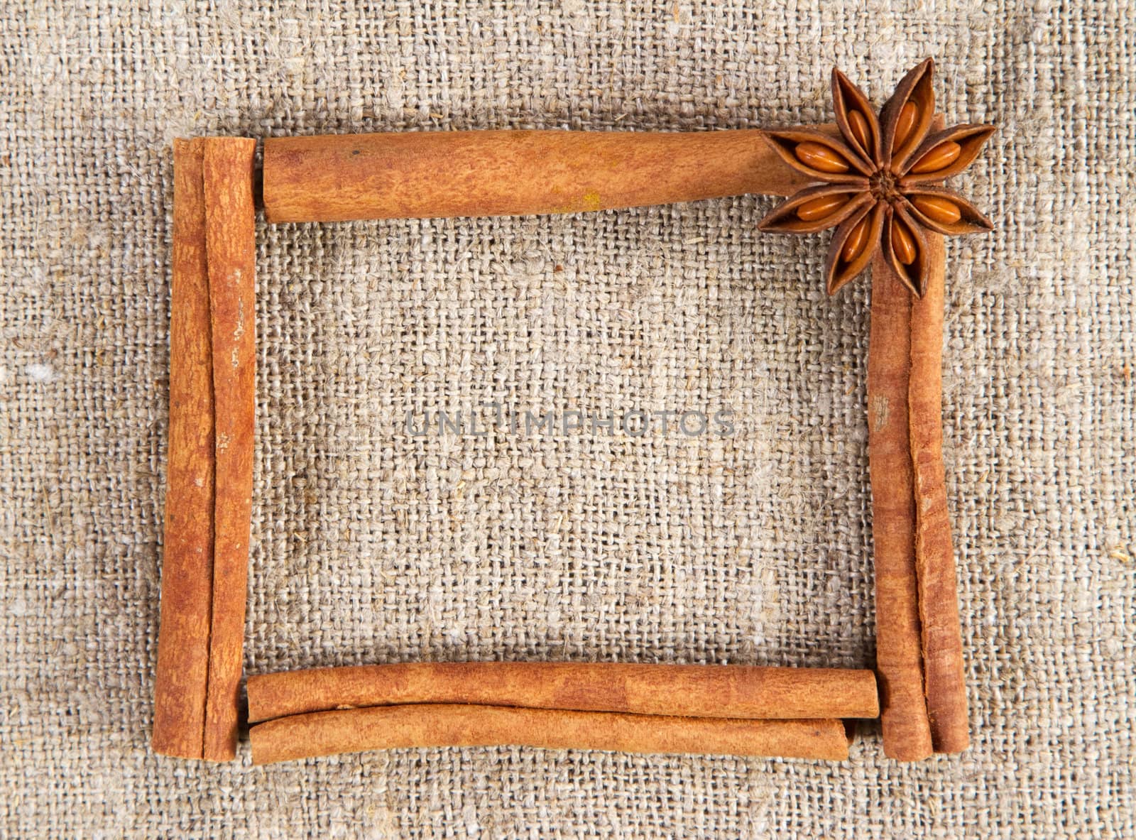 Cinnamon sticks frame on a sacking cloth