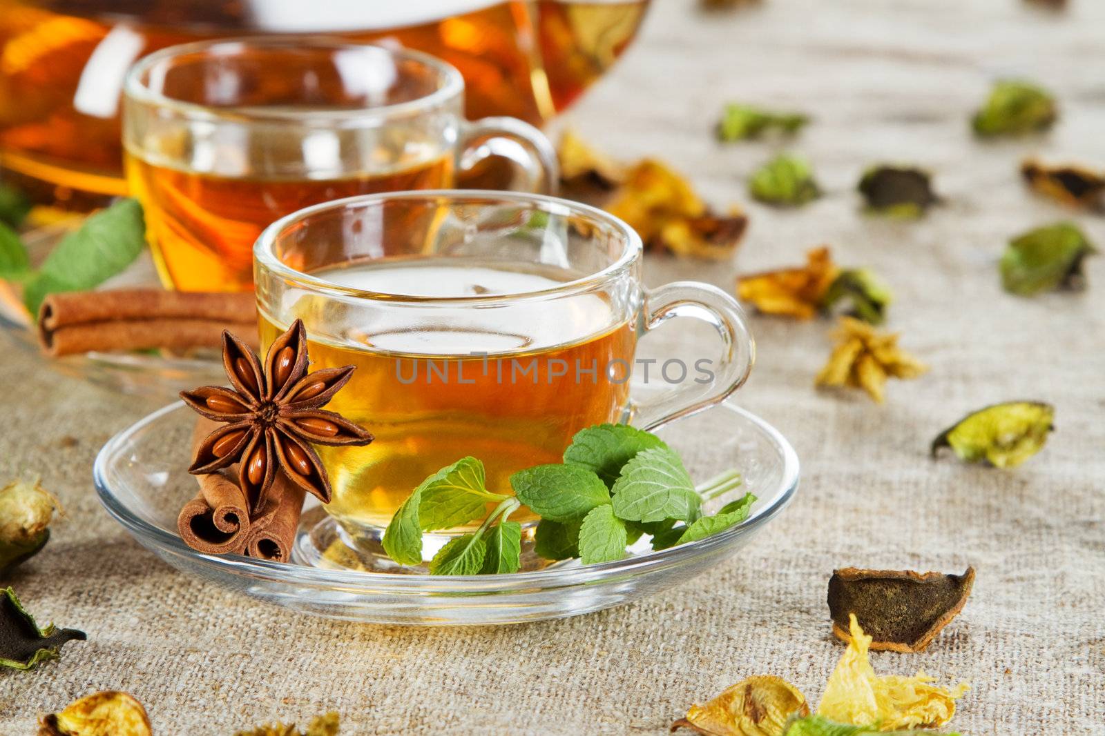 Tea cup with fresh mint leaves, closeup photo