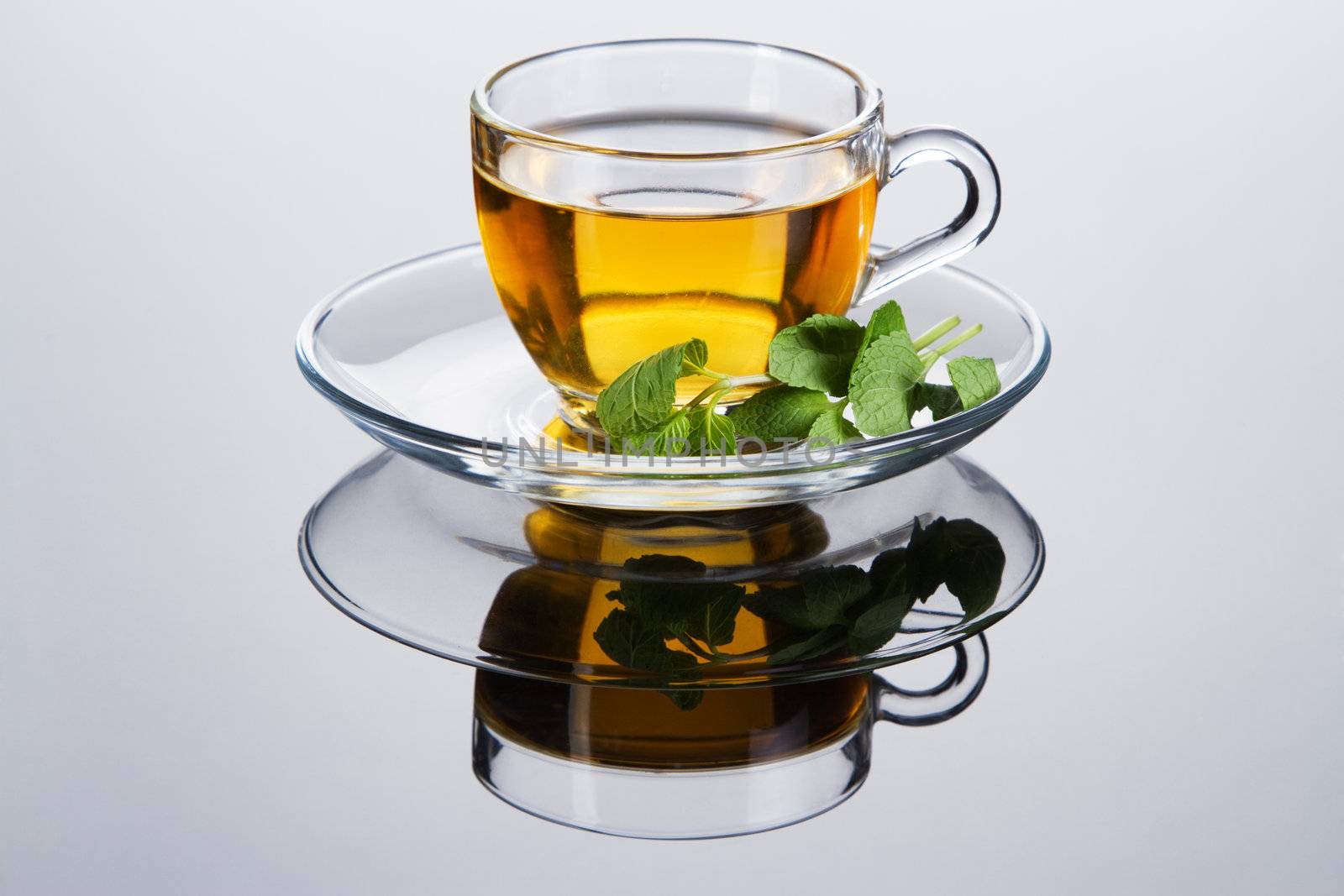 Tea cup with fresh mint leaves, closeup photo