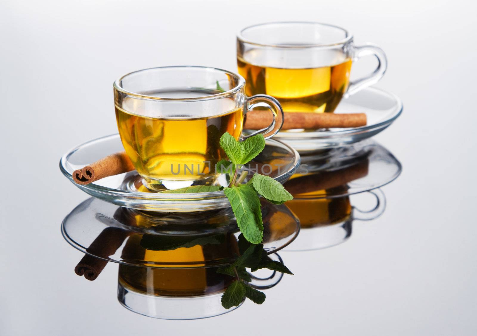 Tea cup with fresh mint leaves, closeup photo