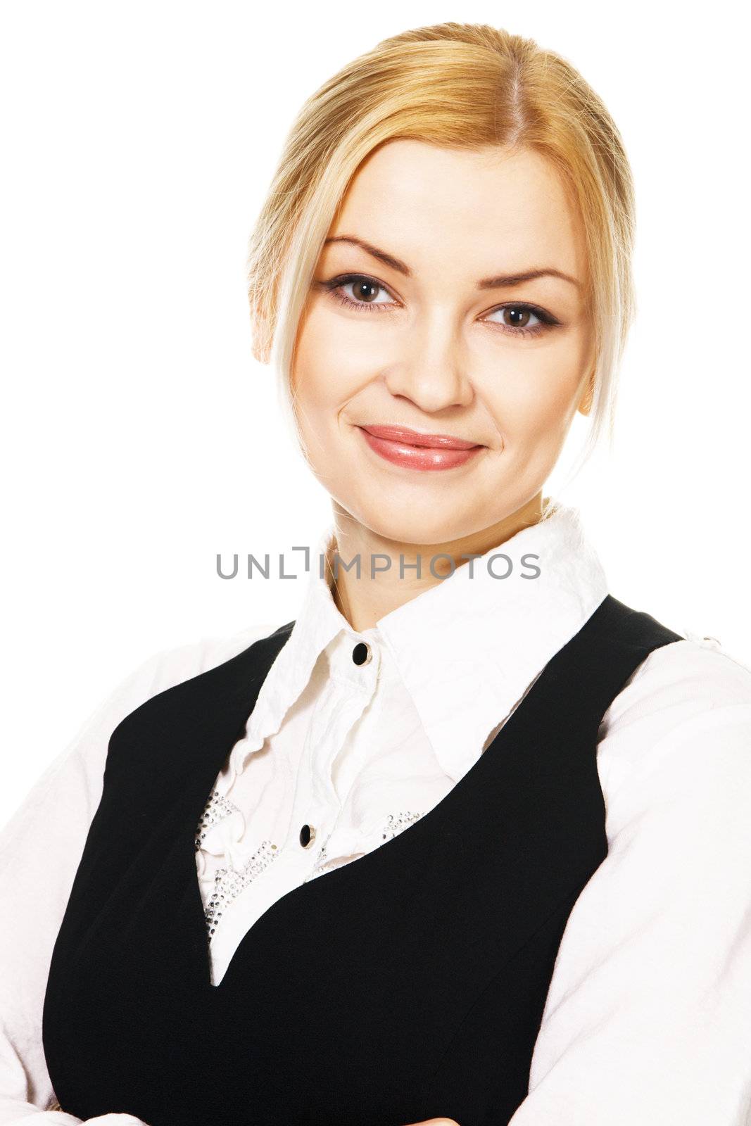 Young beautiful businesswoman, isolated on white background