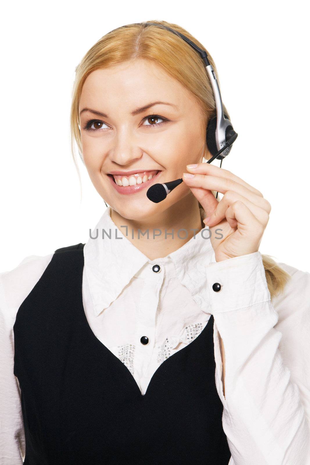 Cheerful professional call center operator, white background