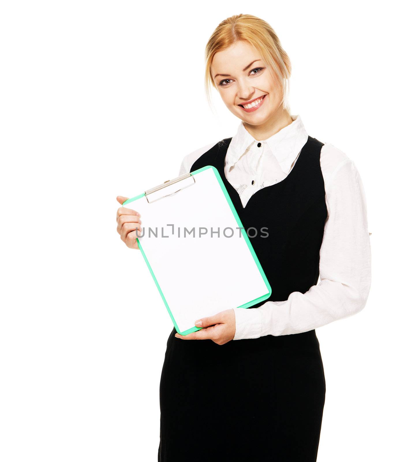 Young businesswoman with a bunch of documents, white background