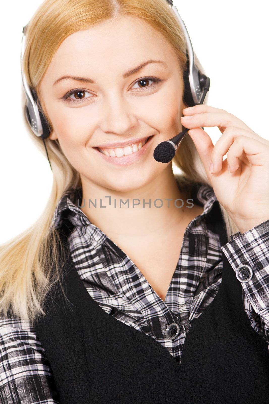 Cheerful professional call center operator, white background