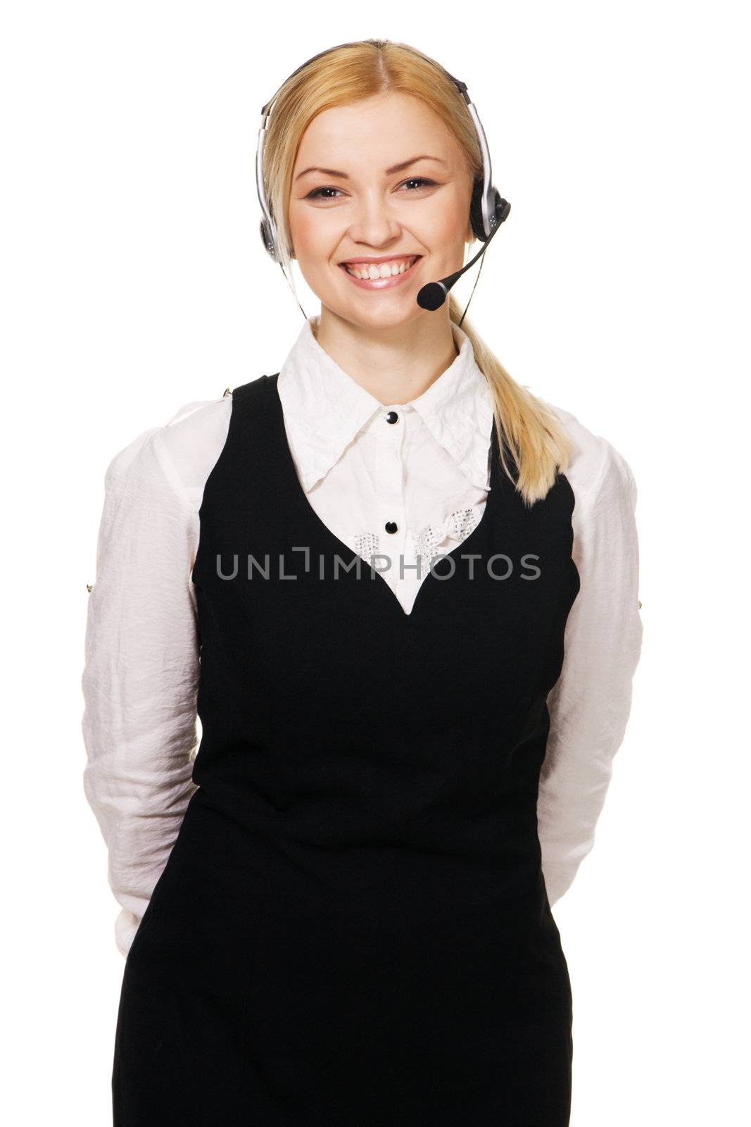 Cheerful professional call center operator, white background