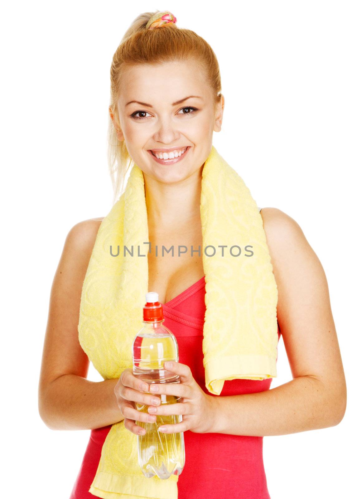 Young woman working out, white background