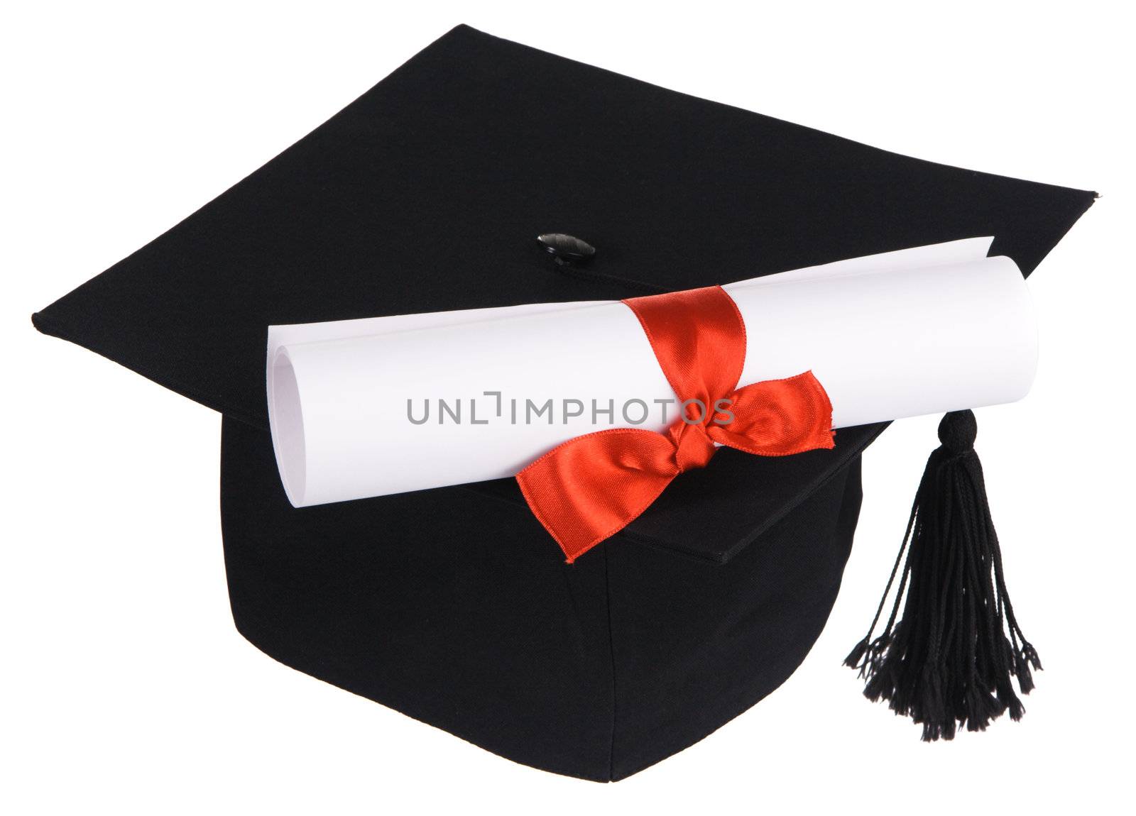 Black graduation cap isolated on white background