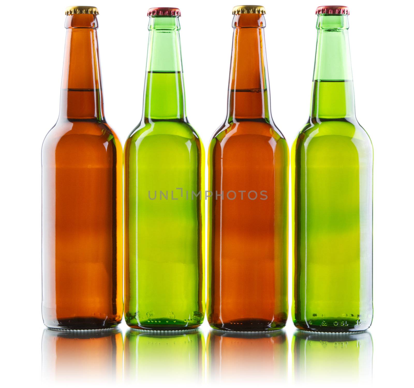 Beer bottles isolated on white background, studio still-life