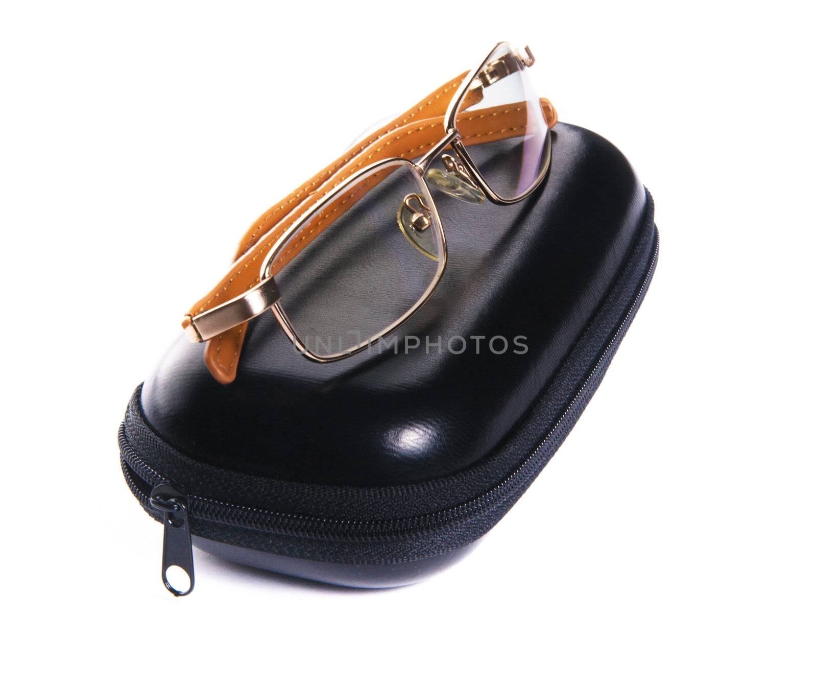 Spectacles with a case, isolated on white background 