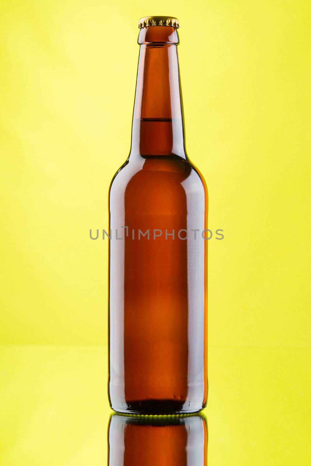 Beer mug and bottles on yellow background by Gdolgikh