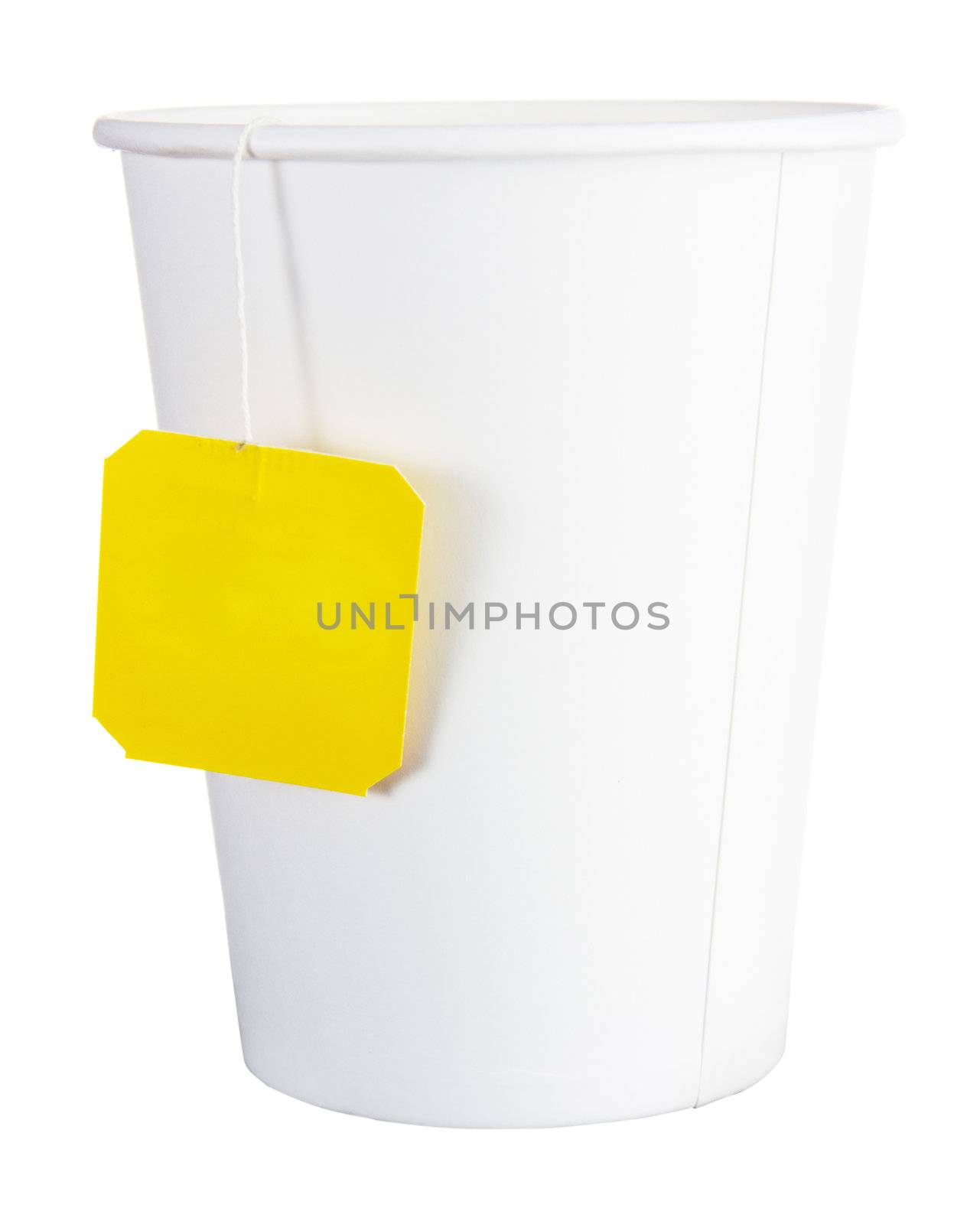 Paper cup of tea against white background