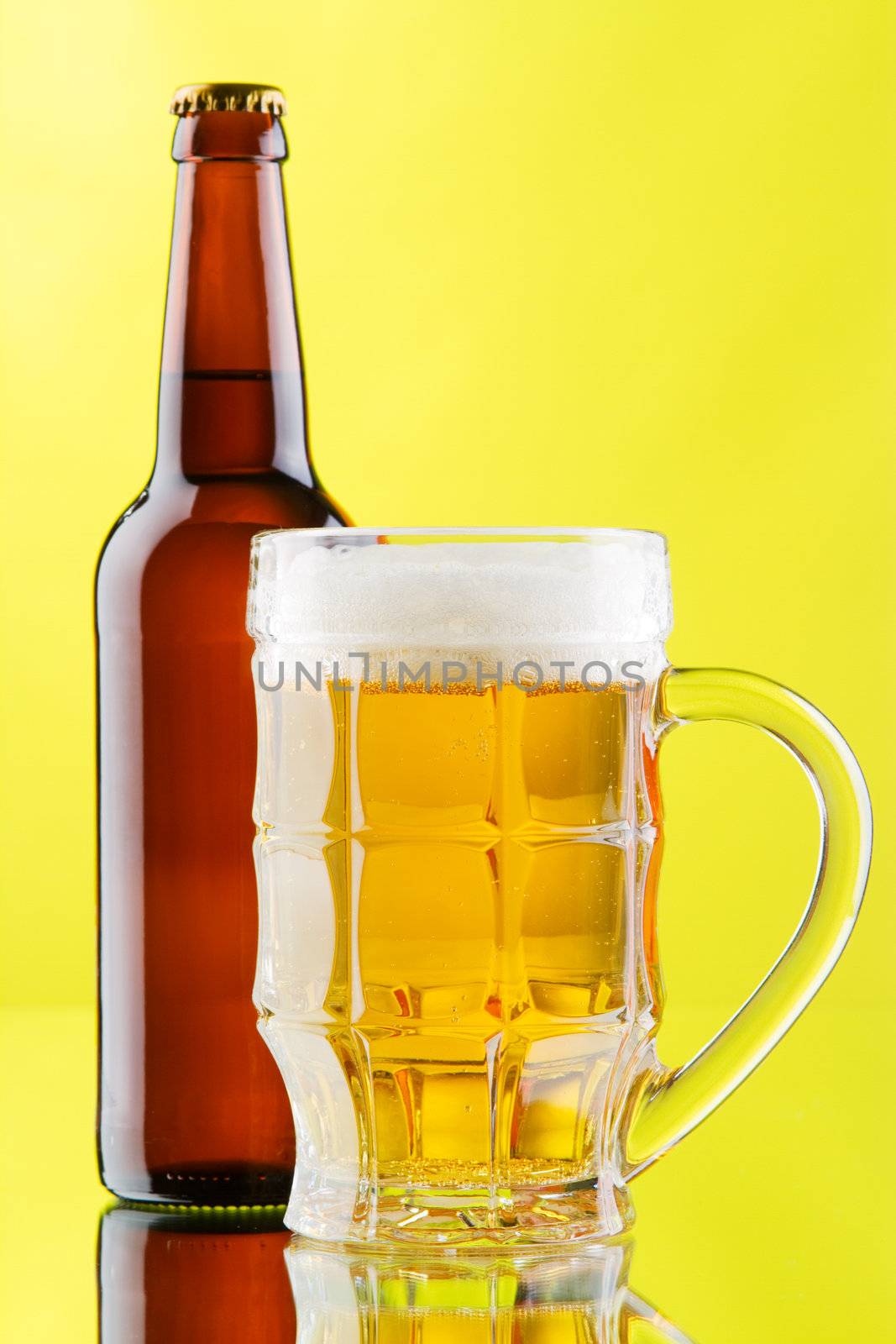 Beer mug and bottle isolated on white background, studio photo