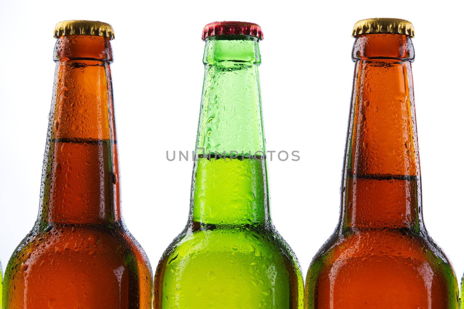 Beer bottles isolated on white background, studio still-life