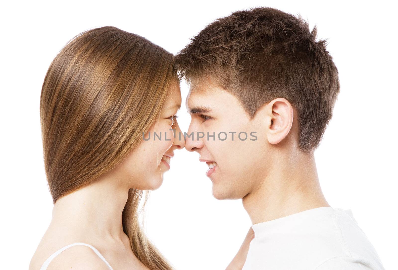 Young beautiful couple isolated on white background