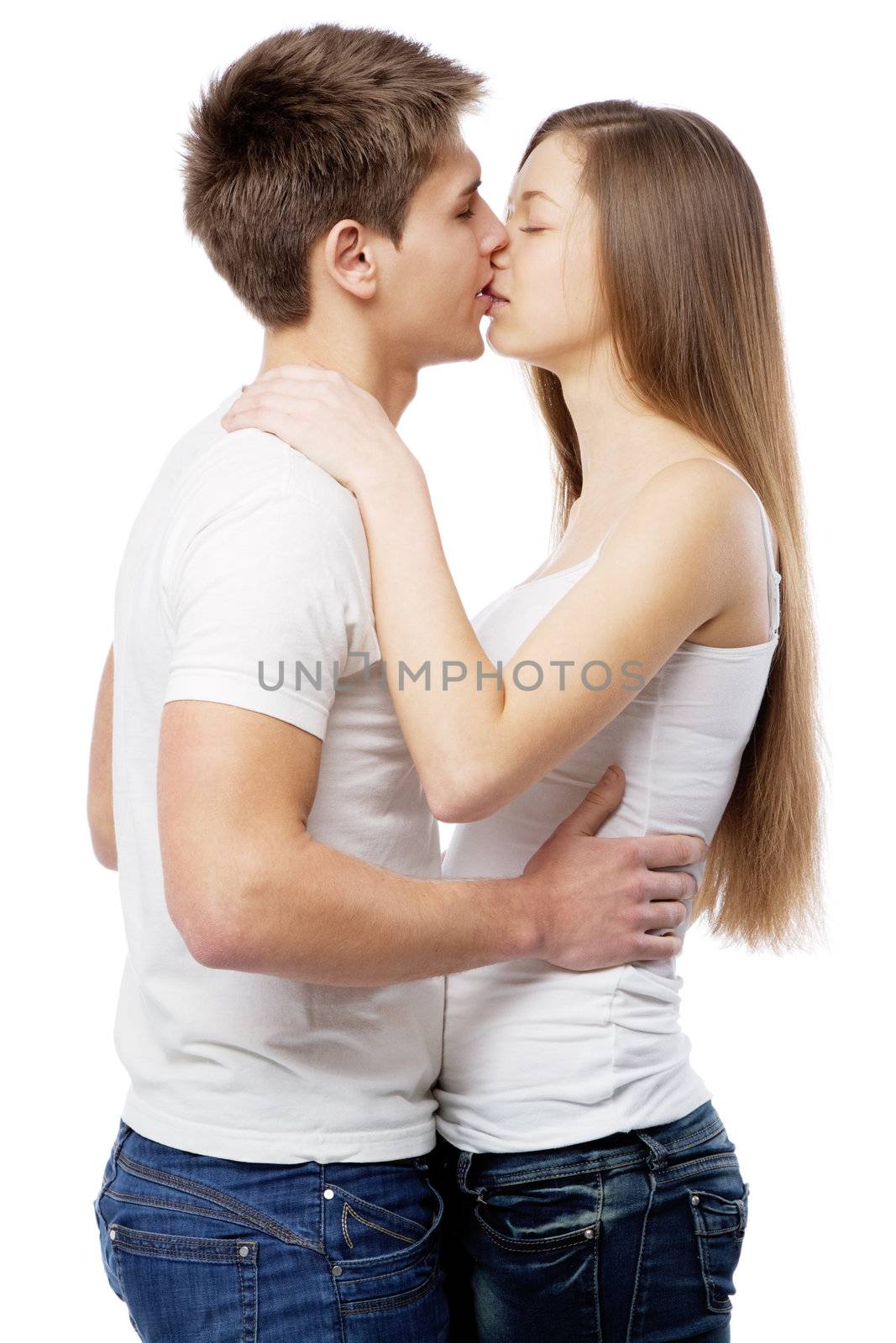 Young beautiful couple isolated on white background