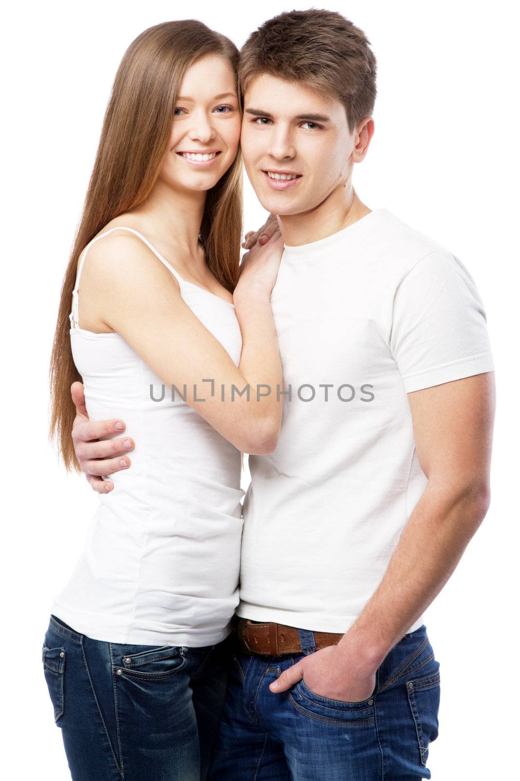 Young beautiful couple isolated on white background