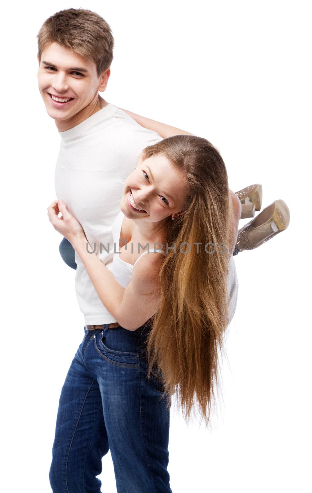 Young beautiful couple isolated on white background