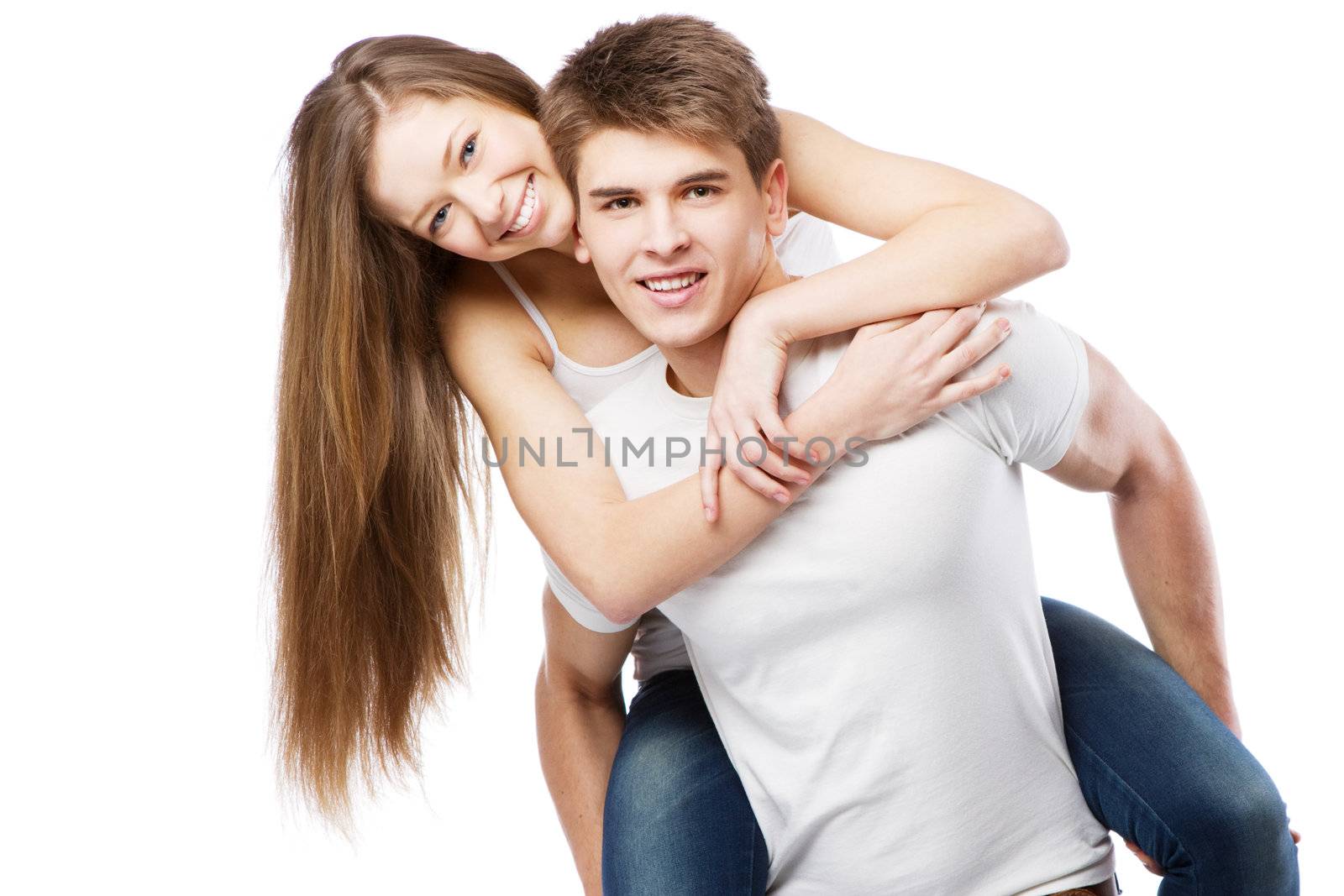 Young beautiful couple isolated on white background