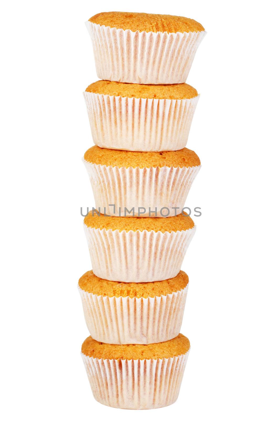 Stack of sweet muffins against white background