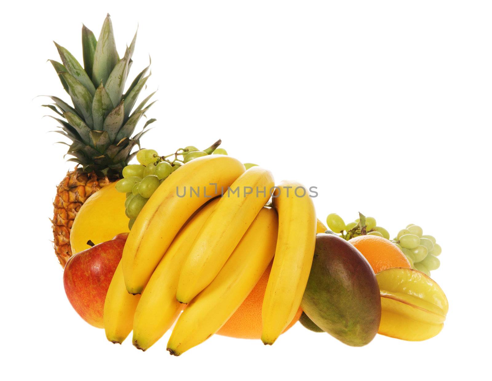 Assortment of fresh fruits isolated on white background