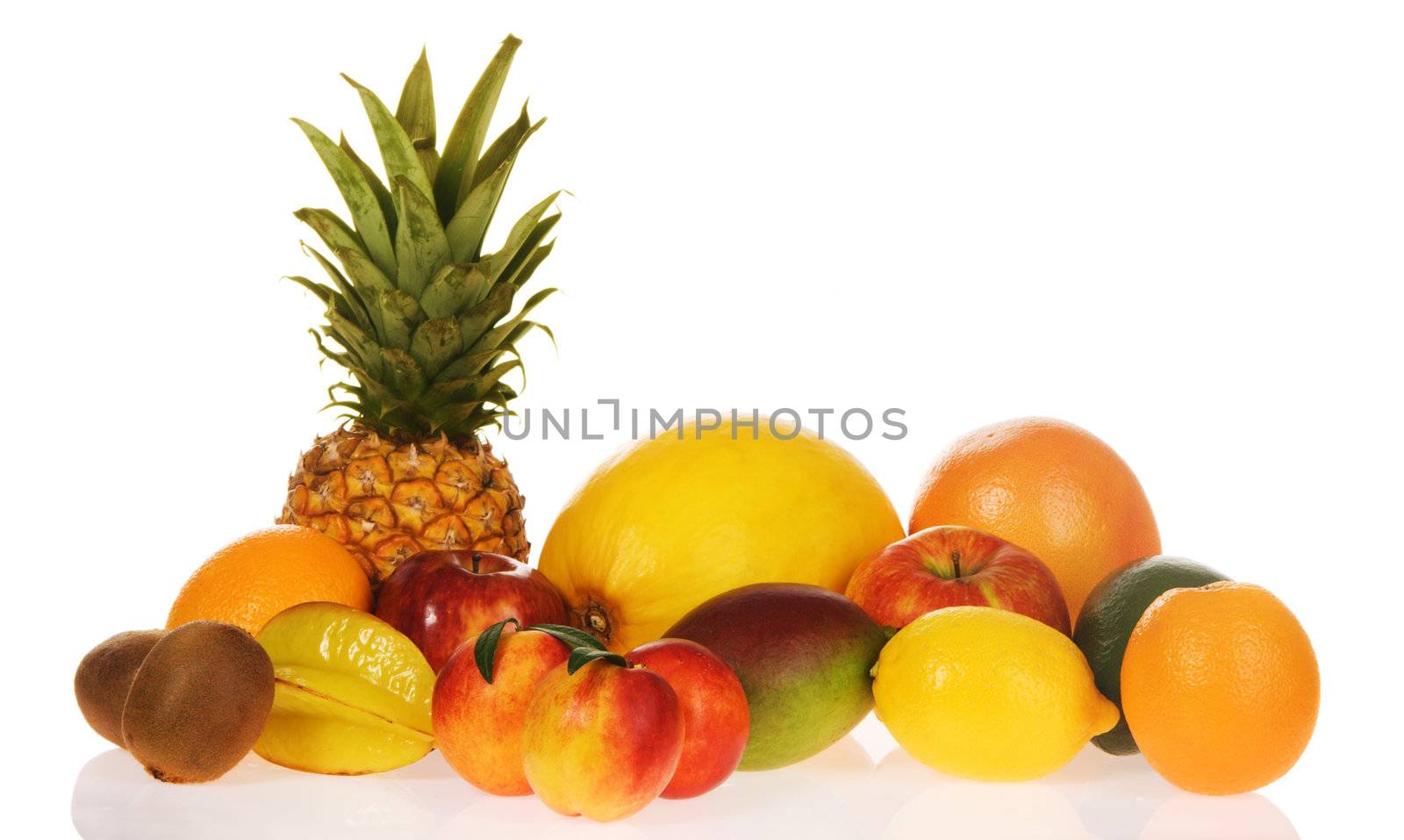 Assortment of fresh fruits on white background 